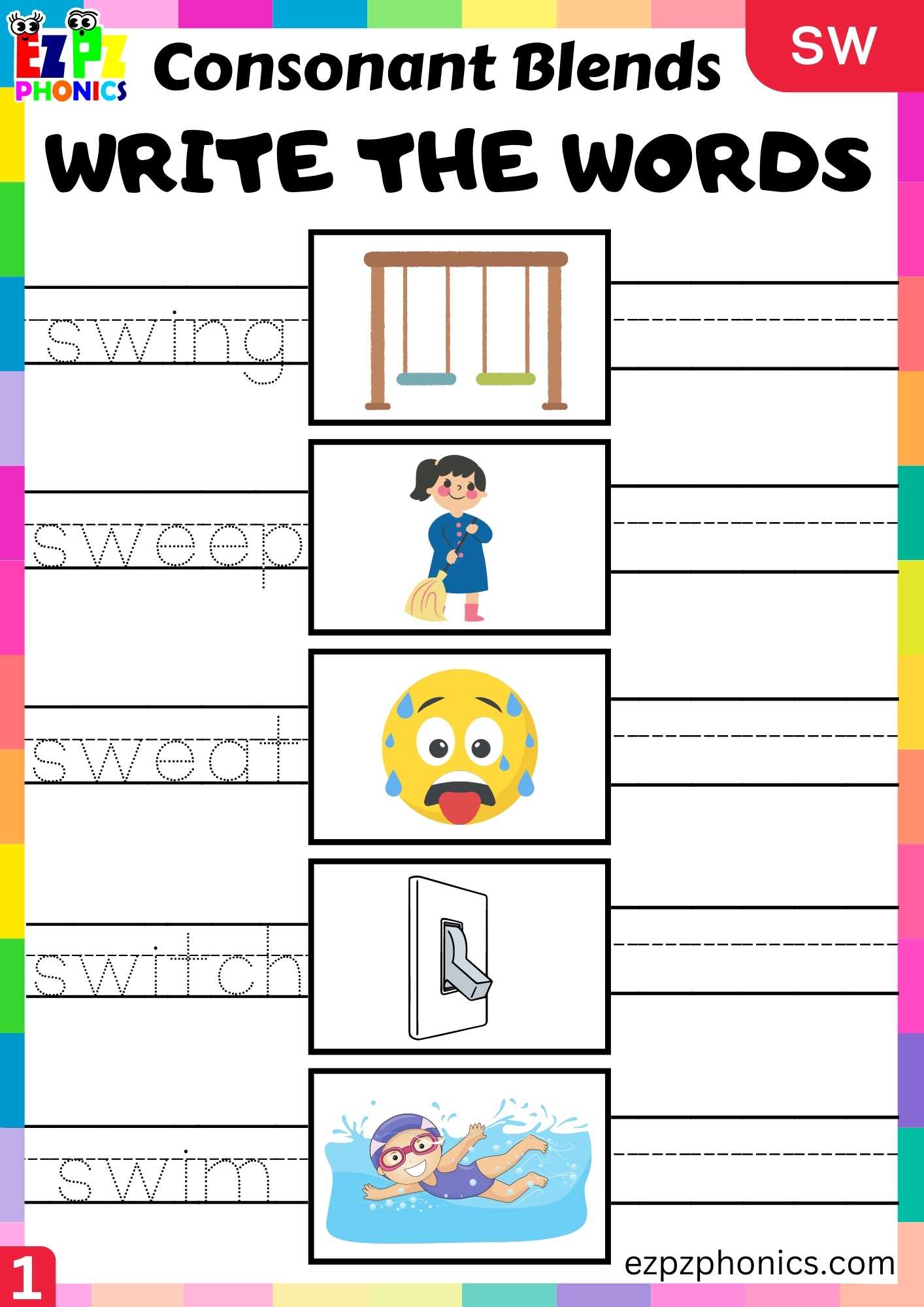 Group1 SW Words Write The Words Phonics Consonant Blends Worksheet